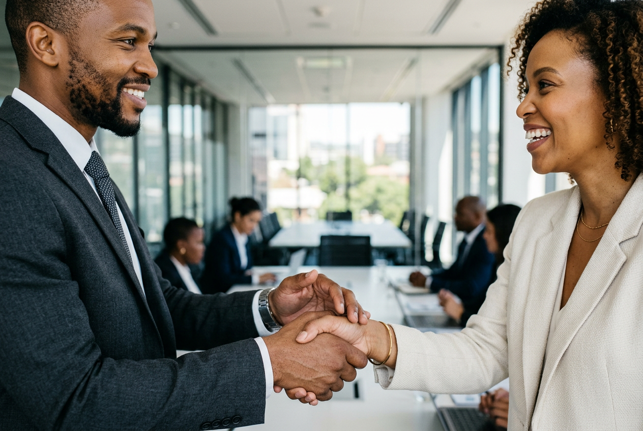 South African business team collaborating in a modern office